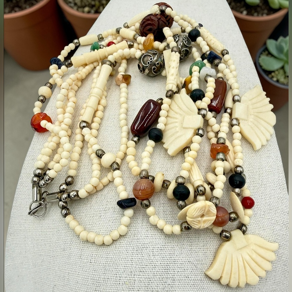 VTG 4 Strand Carved Bone Bead Necklace Jasper Carnelian Sodalite Agate Boho 24” - Picture 17 of 17